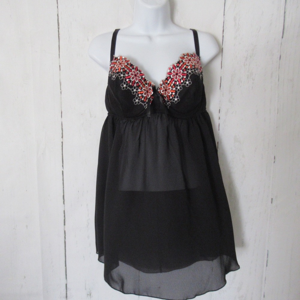 Cacique Nightgown 18 20 Black Embroidered Lace Bow Nightie Sheer Underwire Sexy